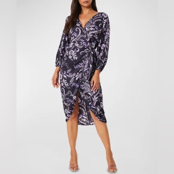 Misa Los Angeles Dresses & Skirts - Misa Los Angeles Sylvia Indigo Vines Floral Purple Faux-Wrap Midi Dress EUC Sz S